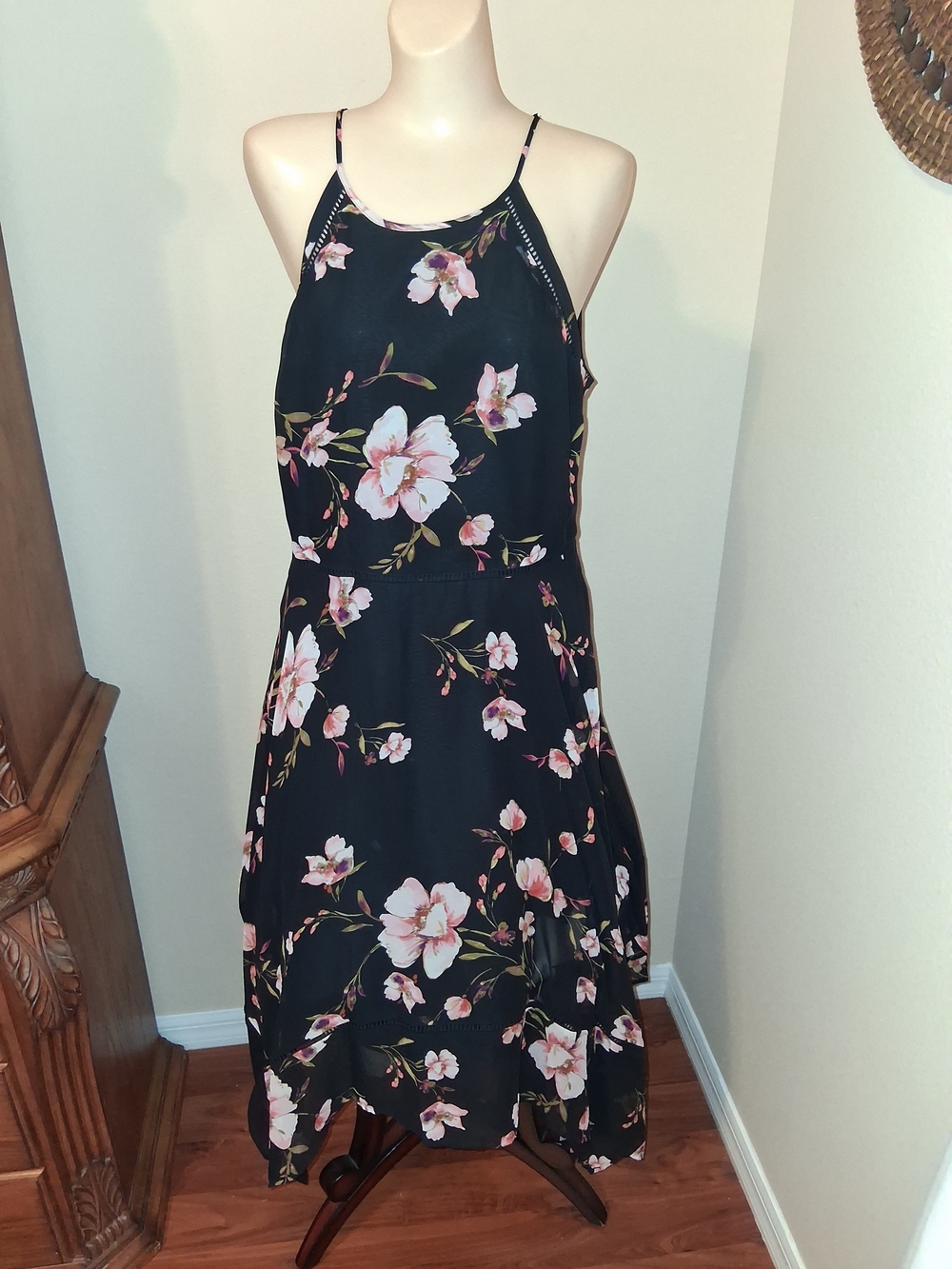 Candie's Black Halter High-Low Dress with Pink Floral Print